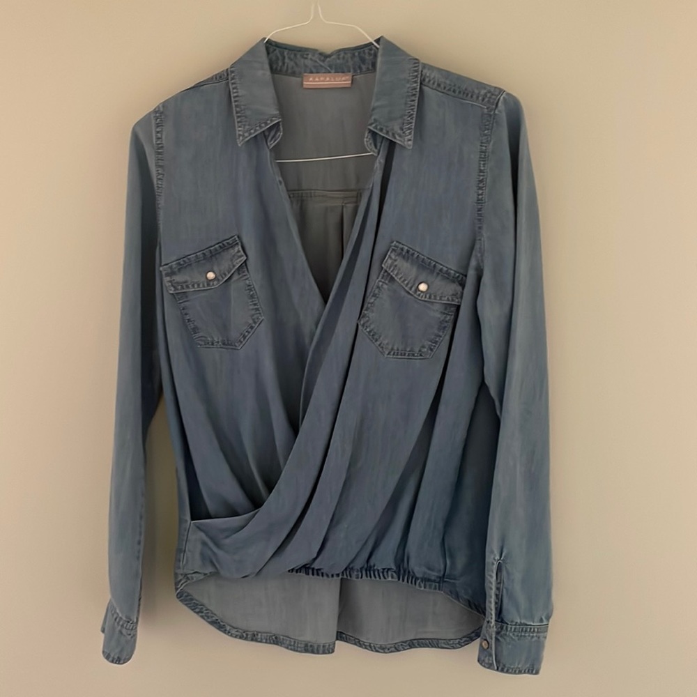Gorgeous denim top with faux wrap detail